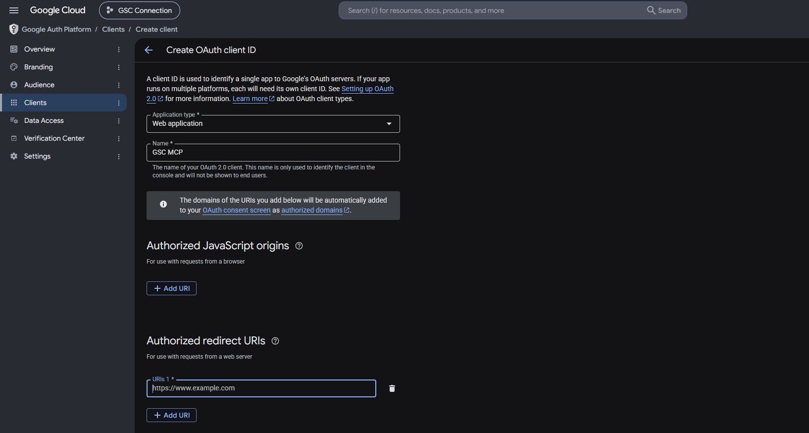 Creating the OAuth client ID as a Web application
