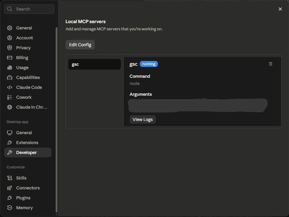 gsc server showing status running under Local MCP servers