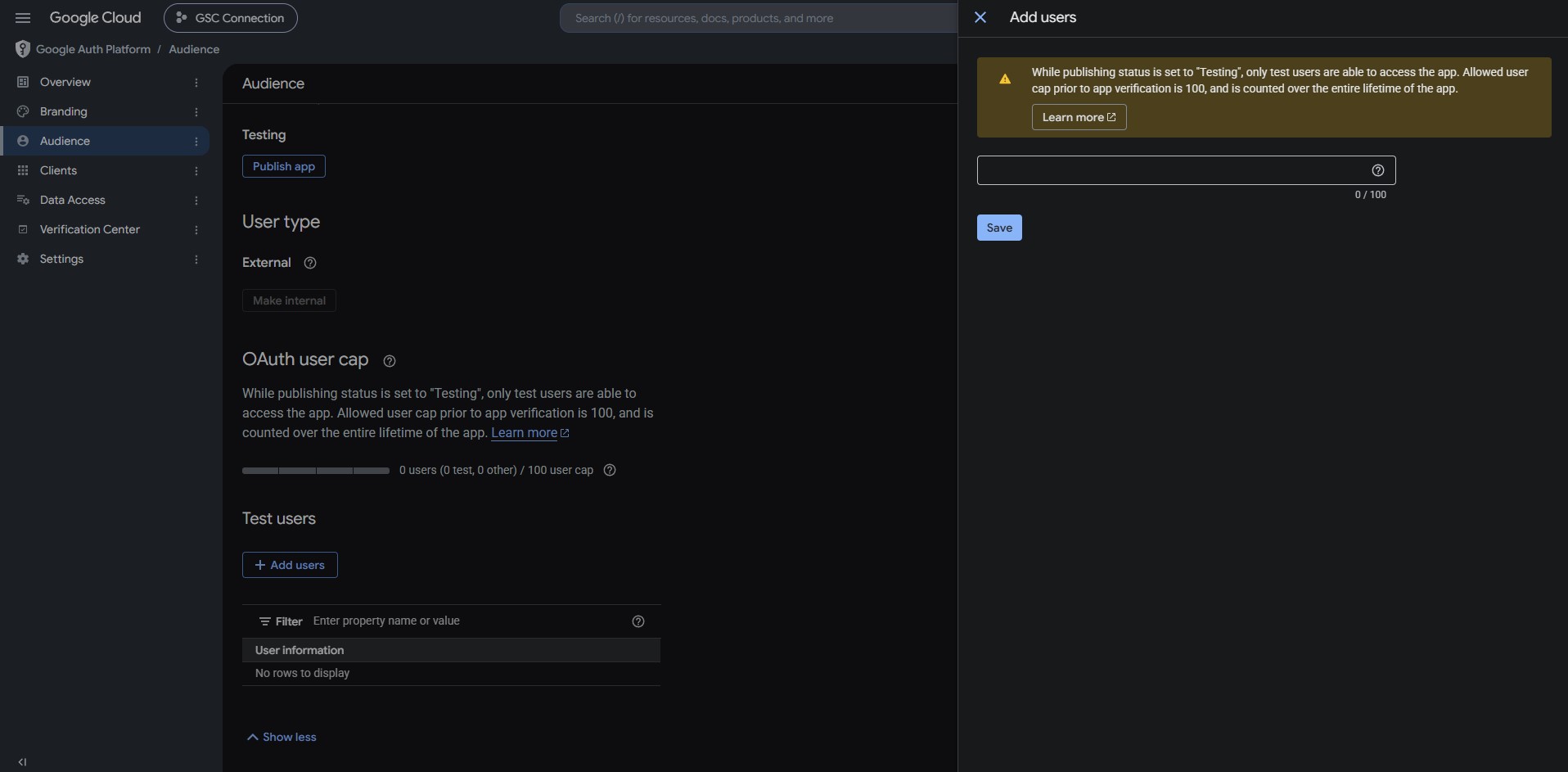 Adding a test user under Audience settings