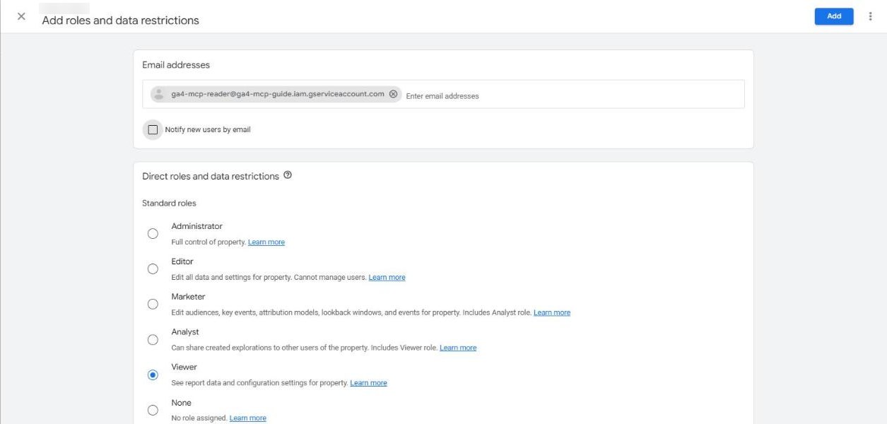 The GA4 Add roles and data restrictions panel with the service account email entered and the Viewer role selected