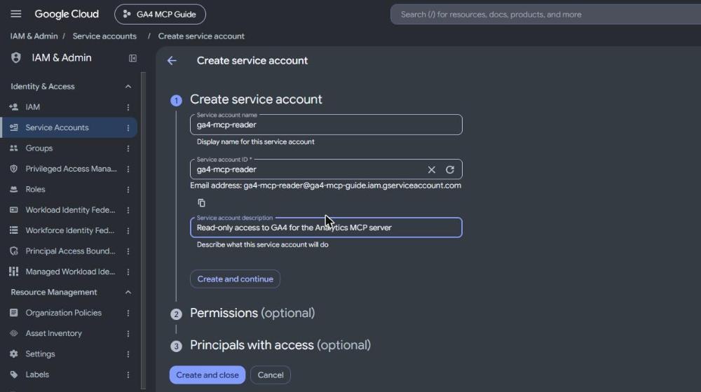 The Create service account form with the name ga4-mcp-reader and its generated email address