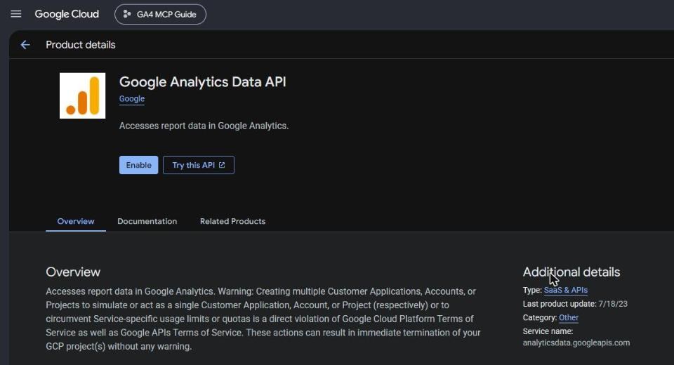 The Google Analytics Data API page in Google Cloud with the Enable button
