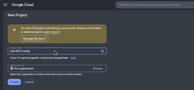 The Google Cloud New Project form with the project name GA4 MCP Guide and the generated project ID