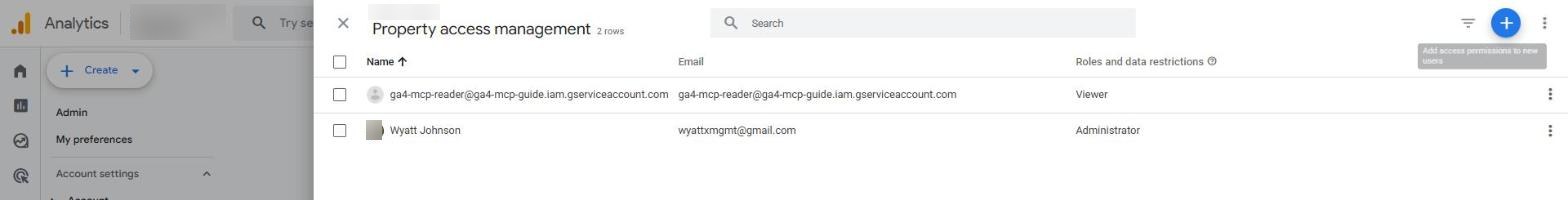 GA4 Property access management showing the service account as Viewer