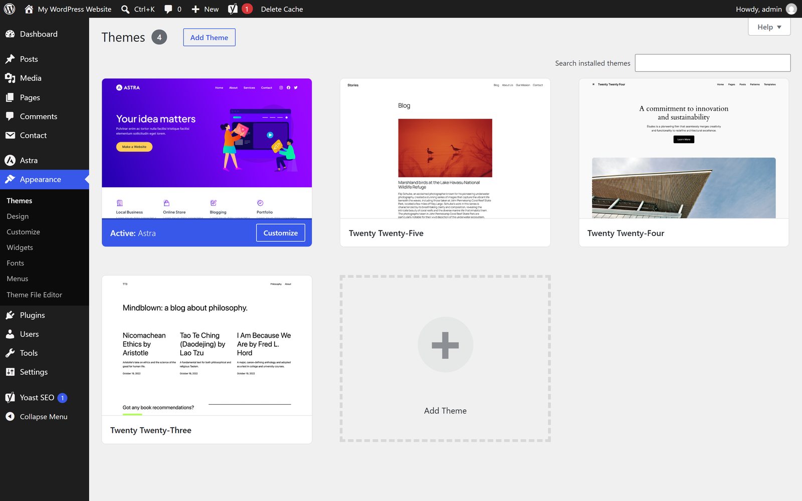 The WordPress Themes screen with Astra marked as the active theme