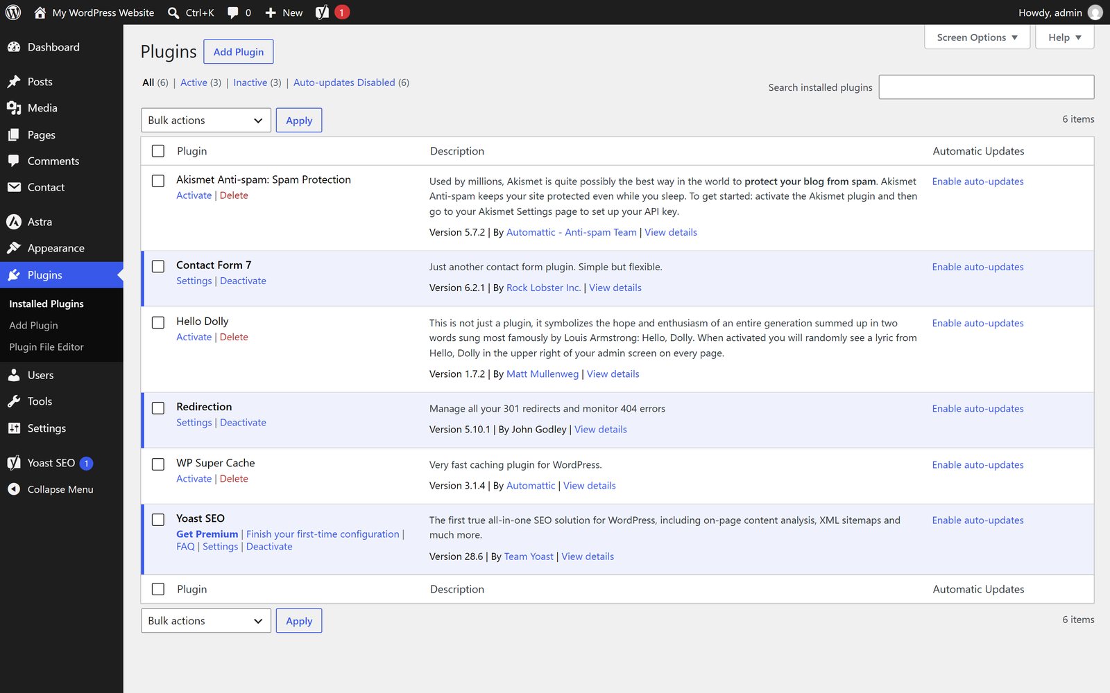 The WordPress Installed Plugins screen listing Contact Form 7, Redirection, WP Super Cache and Yoast SEO