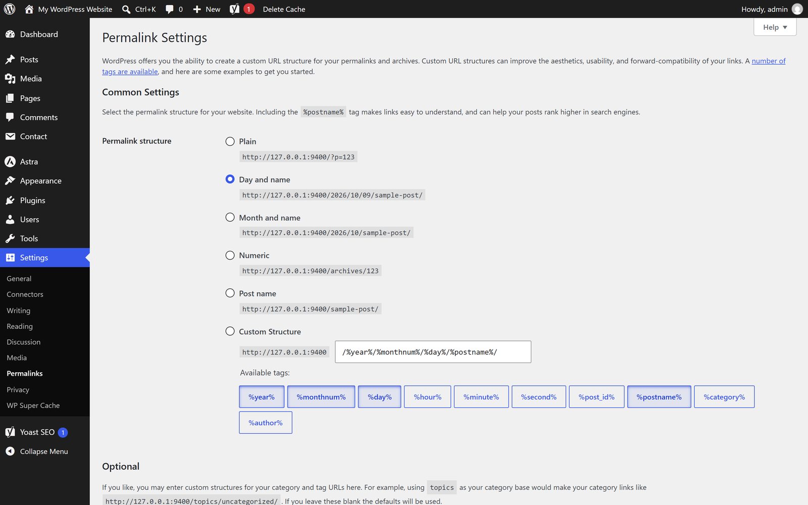 WordPress Permalink Settings with Day and name selected
