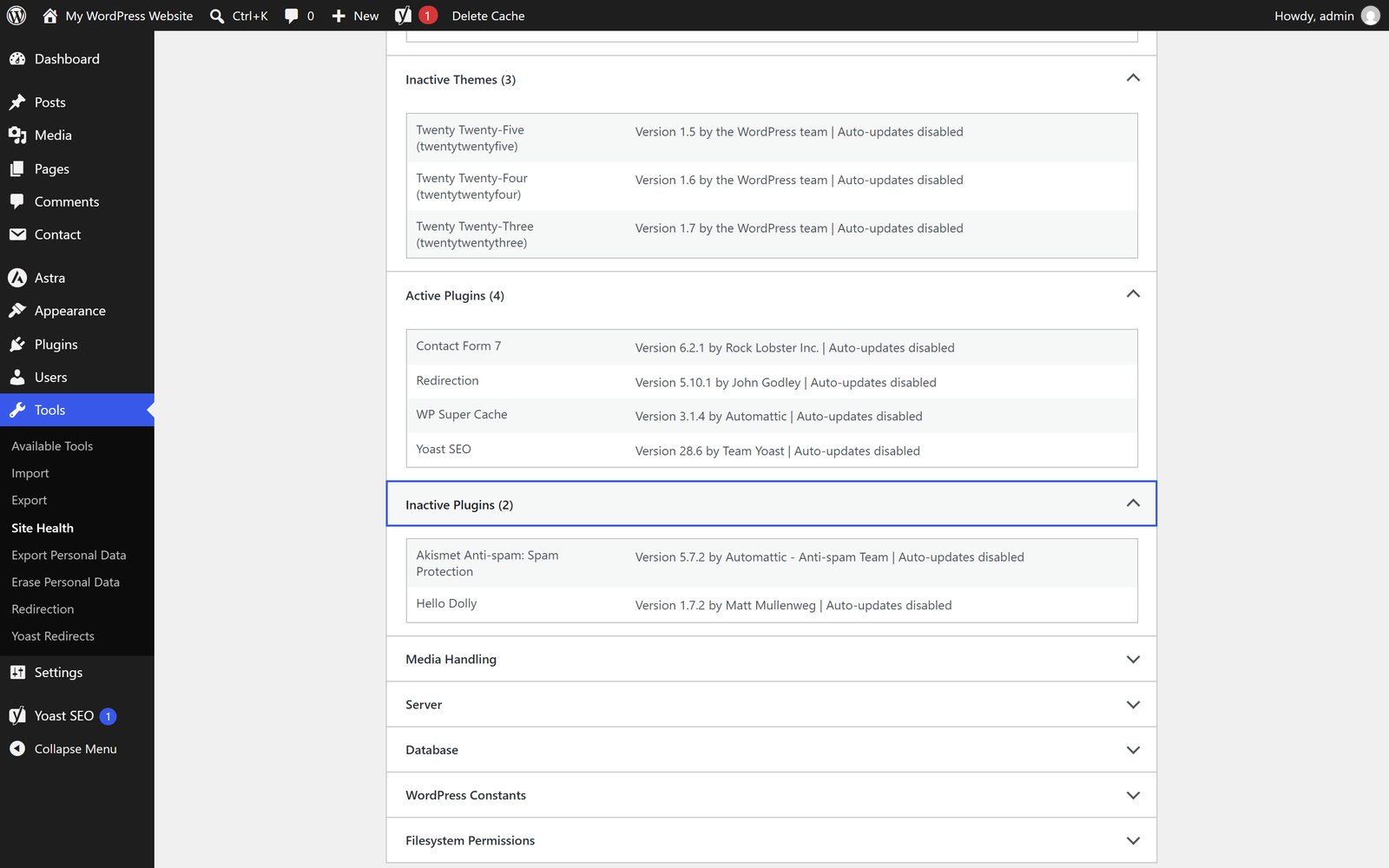 WordPress Site Health Info screen with Active Plugins and Inactive Plugins expanded