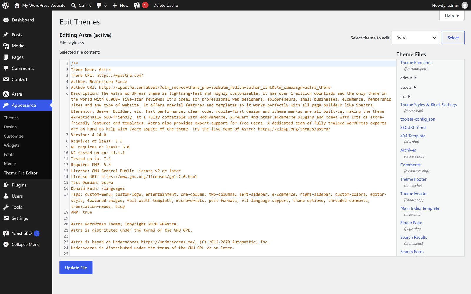 The WordPress Theme File Editor showing style.css and the list of theme template files