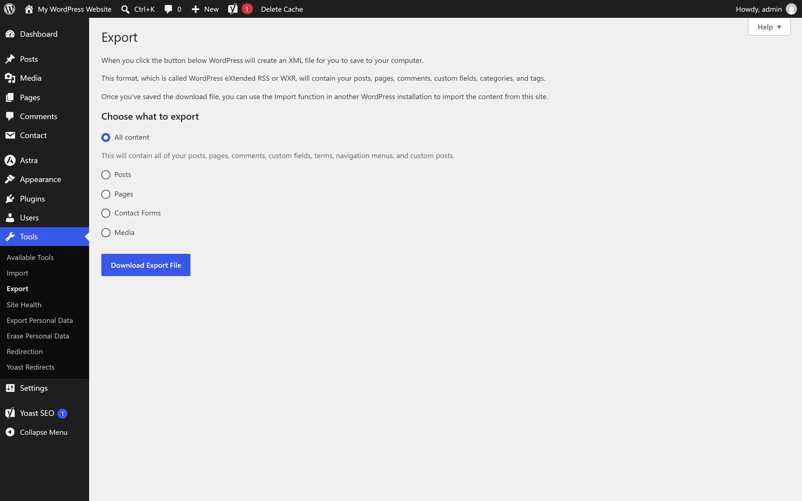 The WordPress Export screen with All content selected and the Download Export File button